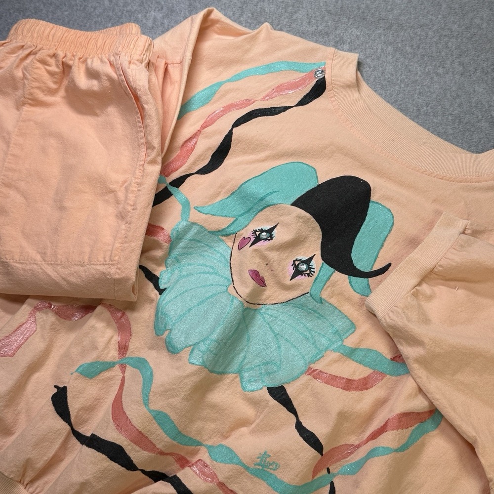 Vintage 1980s Hand Painted Harlequin Artwear Top‎ and Pants Set Pastel USA M